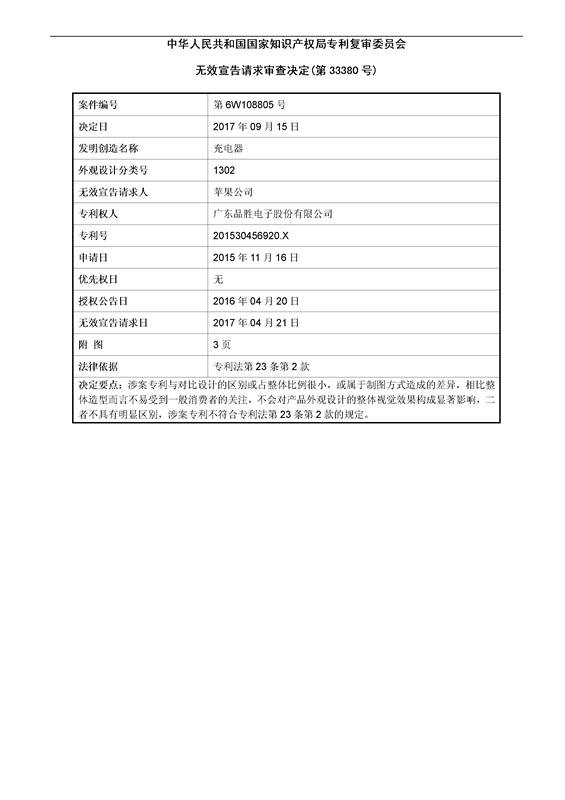 蘋果VS品勝「充電器」外觀設(shè)計(jì)專利無(wú)效決定書