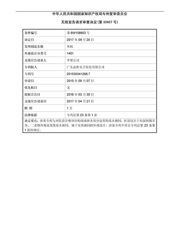 蘋(píng)果VS品勝「耳機(jī)」外觀設(shè)計(jì)專利無(wú)效決定書(shū)