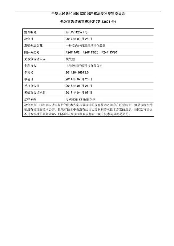 「一種室內(nèi)外兩用空氣凈化器」專利無(wú)效宣告決定書