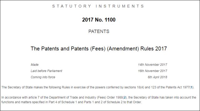 英國確立「專利官費」收繳新標(biāo)準(zhǔn)（2018.4.6起生效）