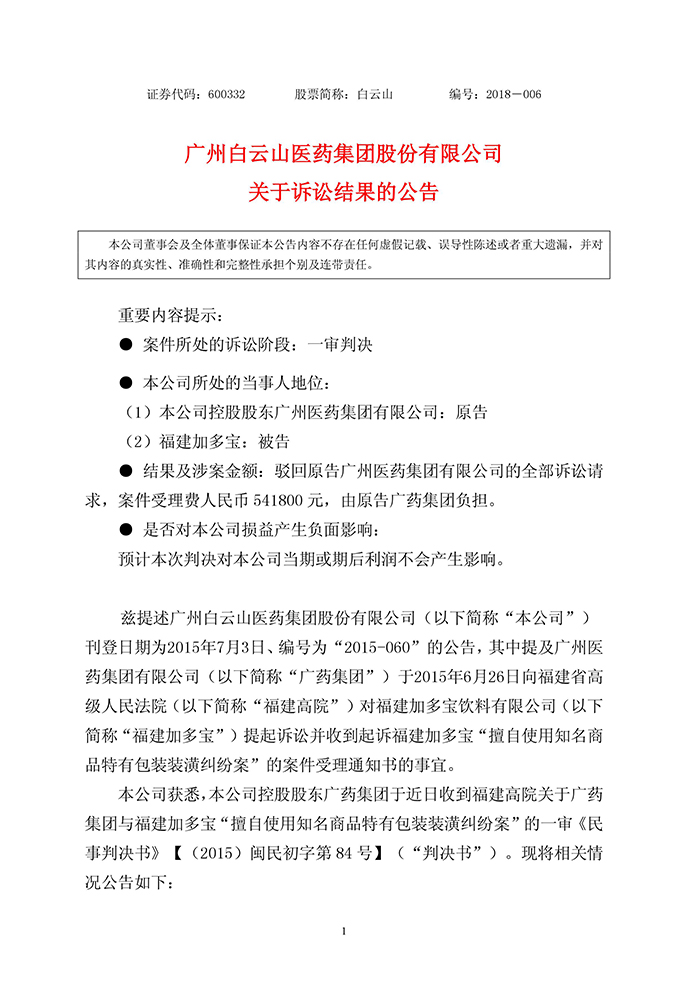 廣藥集團(tuán)訴加多寶侵權(quán)案敗訴！億元賠償?shù)仍V求全被駁回（公告全文）