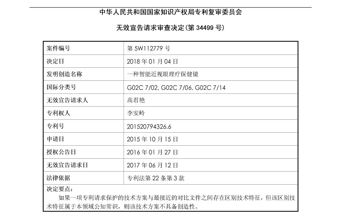 「一種智能近視眼理療保健鏡」無效宣告決定書