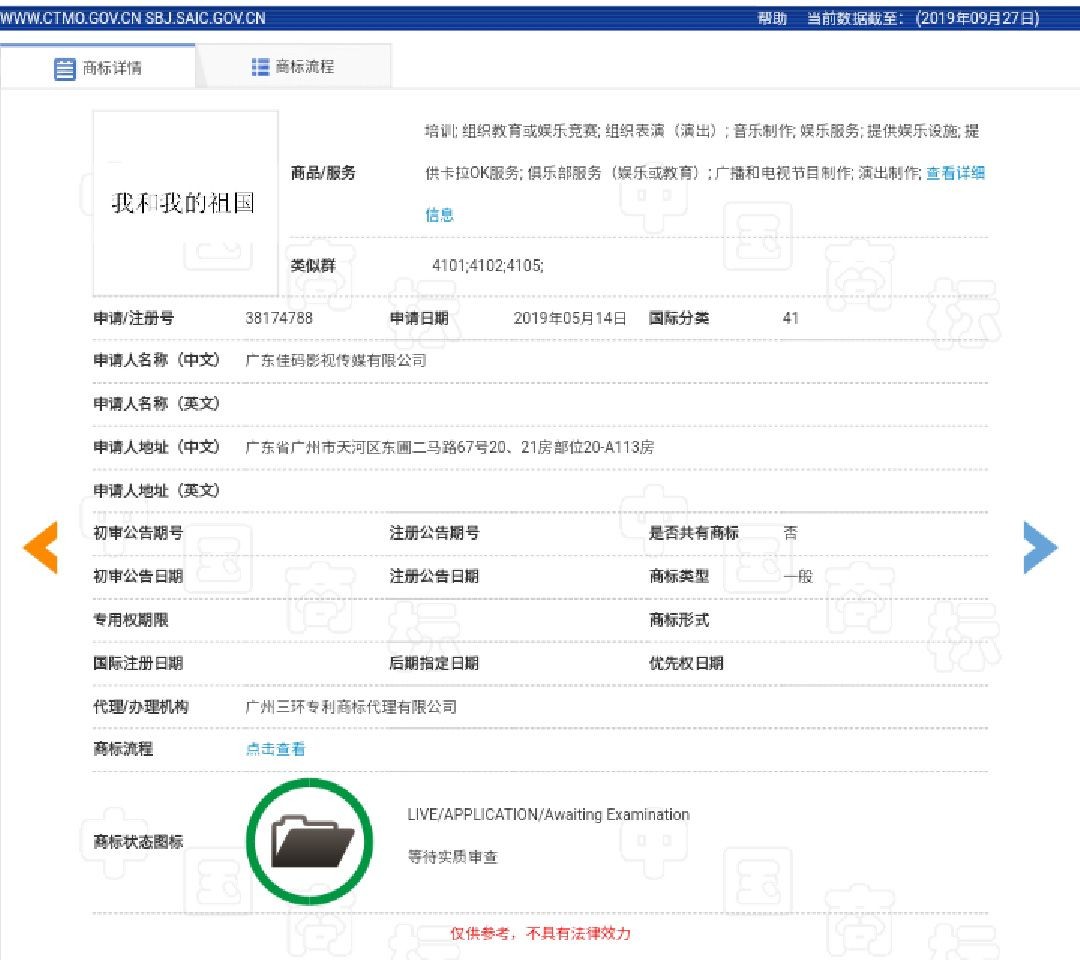 《我和我的祖國》電影出品方?jīng)]有注冊(cè)電影相關(guān)商標(biāo)？