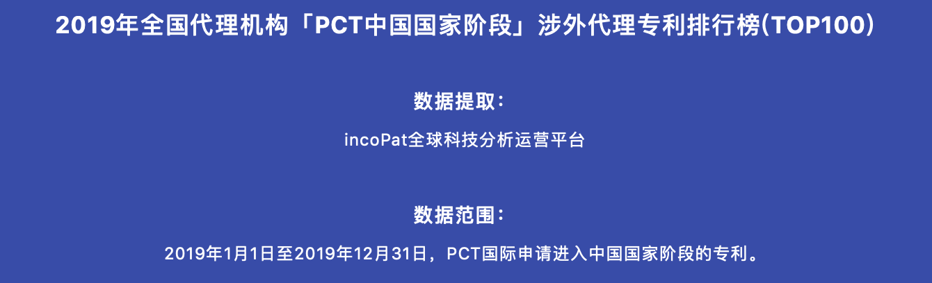 2019年全國(guó)代理機(jī)構(gòu)「PCT中國(guó)國(guó)家階段」涉外代理專利排行榜(TOP100)