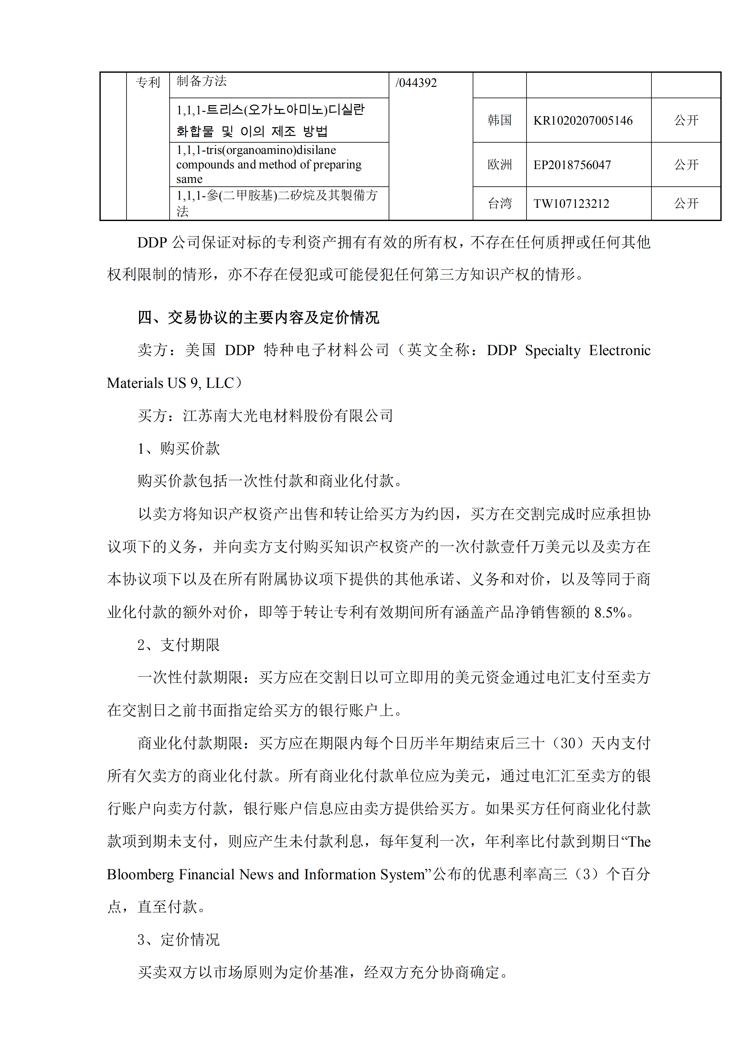 南大光電擬以1000萬(wàn)美金+專利有效期所有涵蓋產(chǎn)品凈銷售額的8.5% 購(gòu)買19項(xiàng)專利資產(chǎn)組