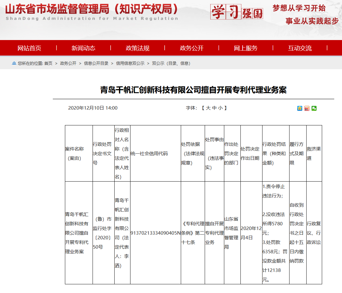 擅自開展專利代理業(yè)務(wù)，山東公布最新處罰單位！