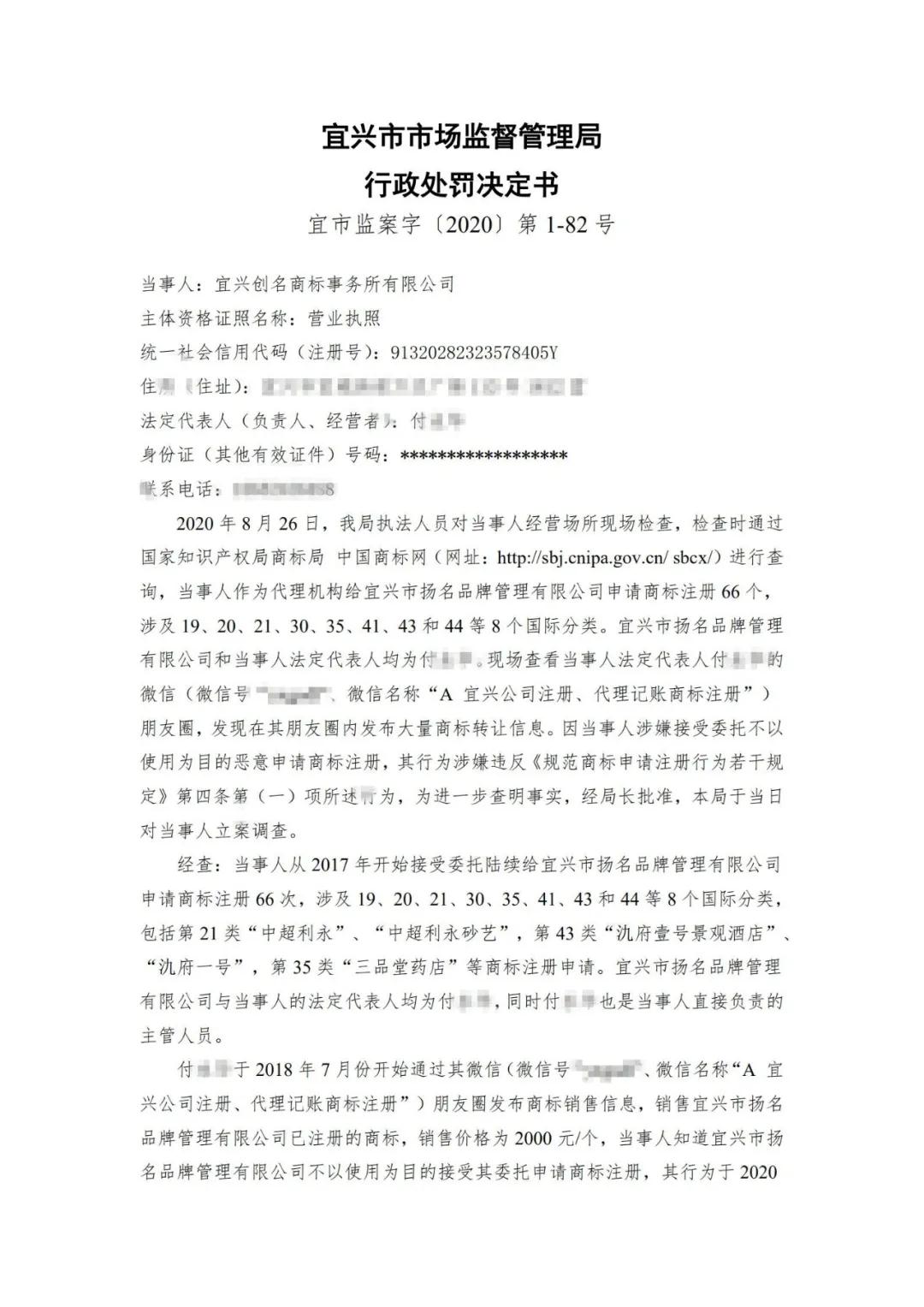 一代理機構因涉嫌接受委托不以使用為目的惡意申請商標注冊被行政處罰！