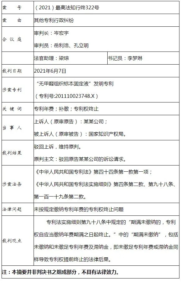 未繳足專利年費或滯納金導(dǎo)致專利權(quán)終止，是否合理合法？（附判決書）