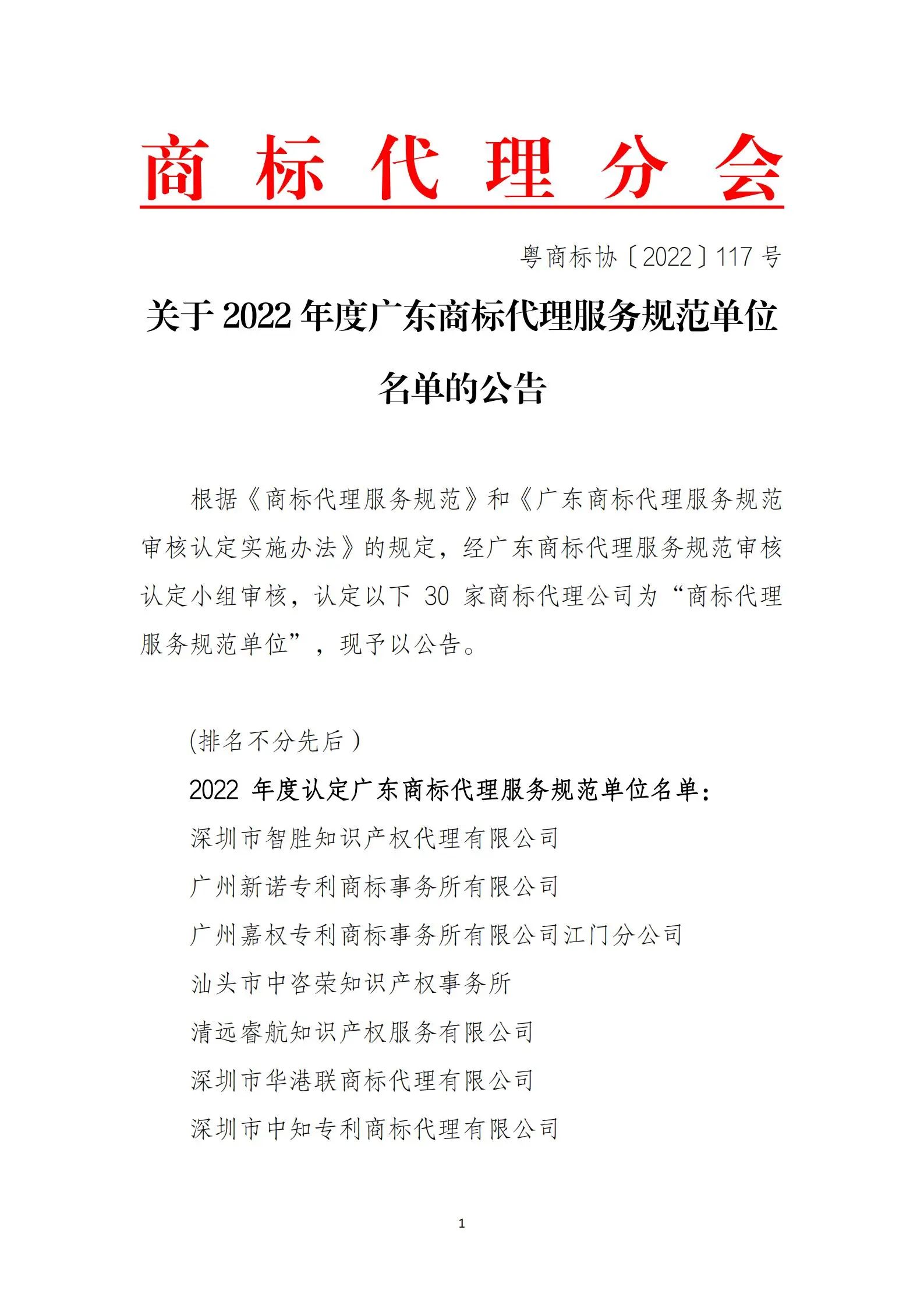 公告！這30家商標代理公司被認定為2022年度廣東商標代理服務(wù)規(guī)范單位