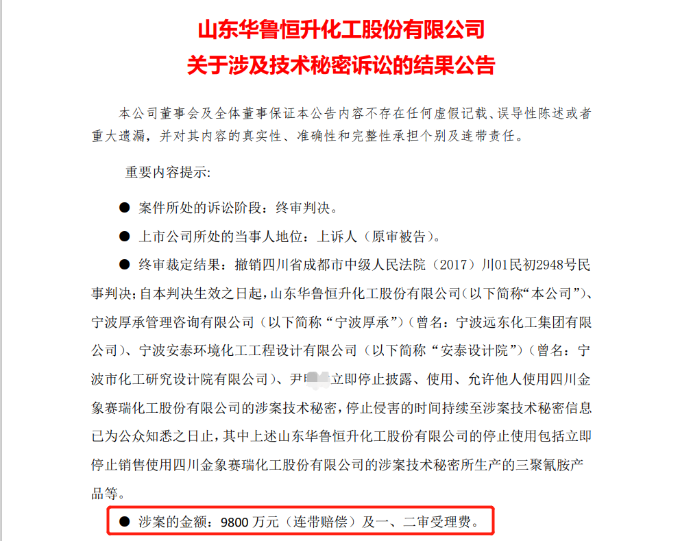 終審判賠共2.18億元，華魯恒升與金象賽瑞的兩起知識產(chǎn)權糾紛塵埃落定