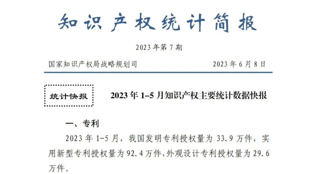 2023年1-5月專利、商標(biāo)、地理標(biāo)志等知識產(chǎn)權(quán)主要統(tǒng)計數(shù)據(jù) | 附5月數(shù)據(jù)