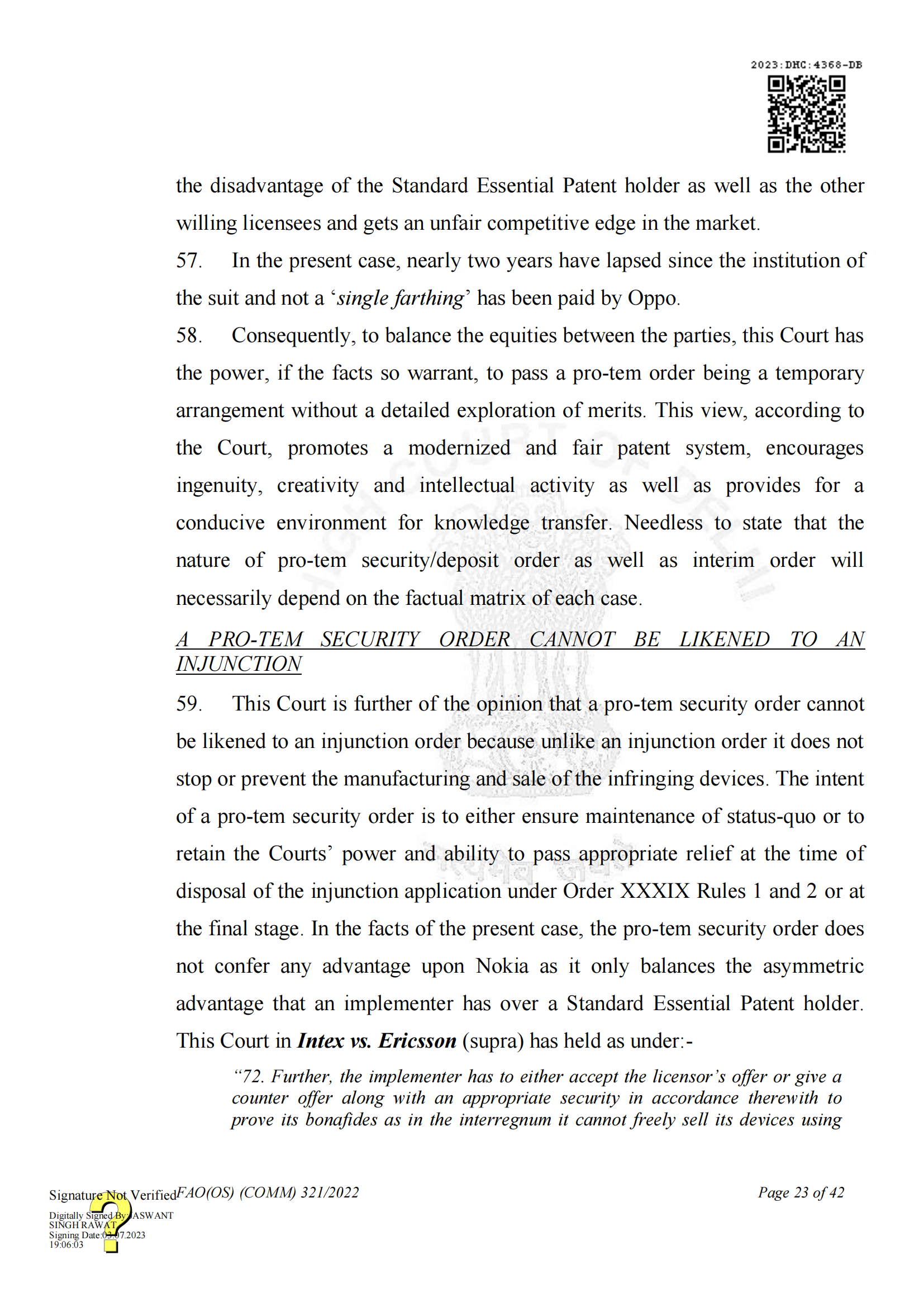 最新進展！印度高等法院要求OPPO支付保證金，因涉嫌侵犯諾基亞5G SEPs｜判決書