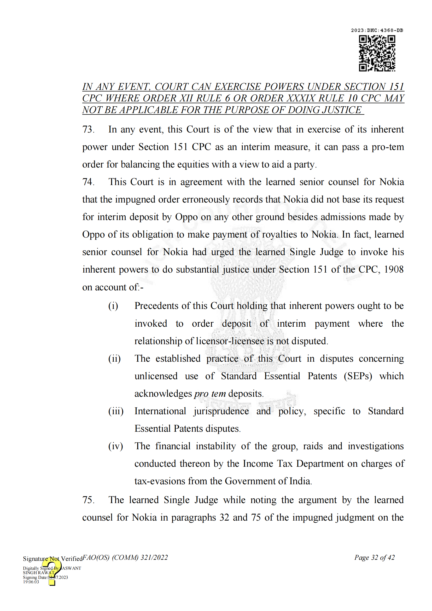 最新進展！印度高等法院要求OPPO支付保證金，因涉嫌侵犯諾基亞5G SEPs｜判決書