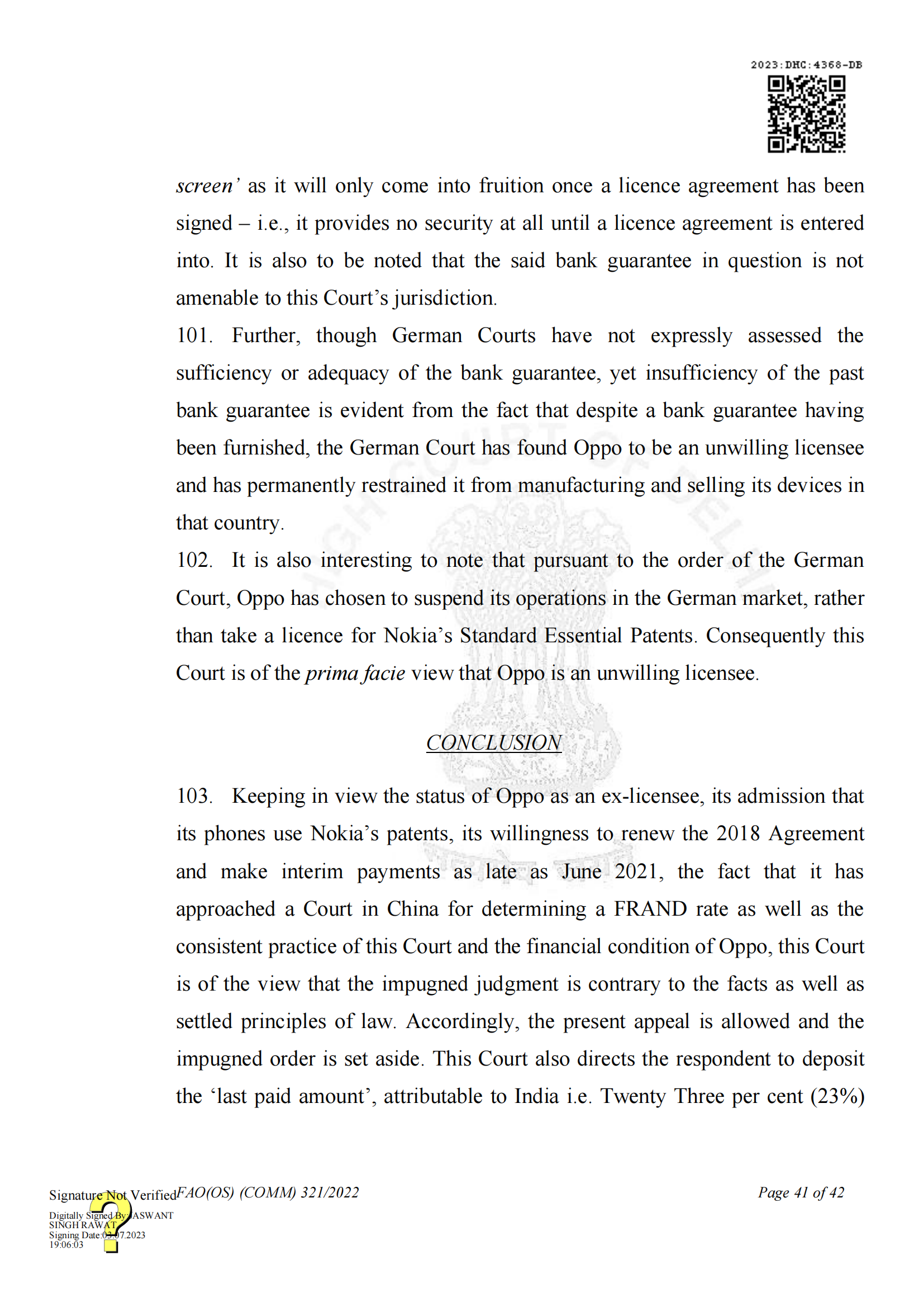 最新進展！印度高等法院要求OPPO支付保證金，因涉嫌侵犯諾基亞5G SEPs｜判決書