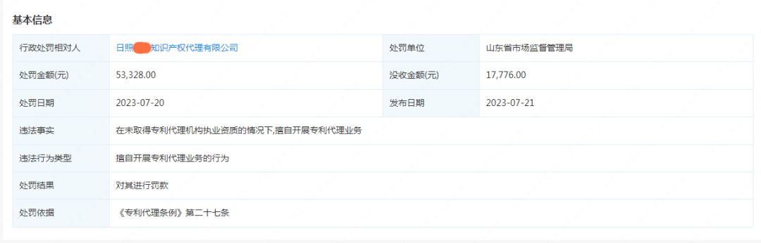 因擅自開(kāi)展專利代理業(yè)務(wù)，日照一知識(shí)產(chǎn)權(quán)代理公司被罰沒(méi)7萬(wàn)余元