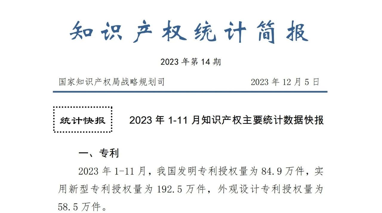 2023年1-11月專利、商標、地理標志等知識產(chǎn)權(quán)主要統(tǒng)計數(shù)據(jù) | 附數(shù)據(jù)詳情