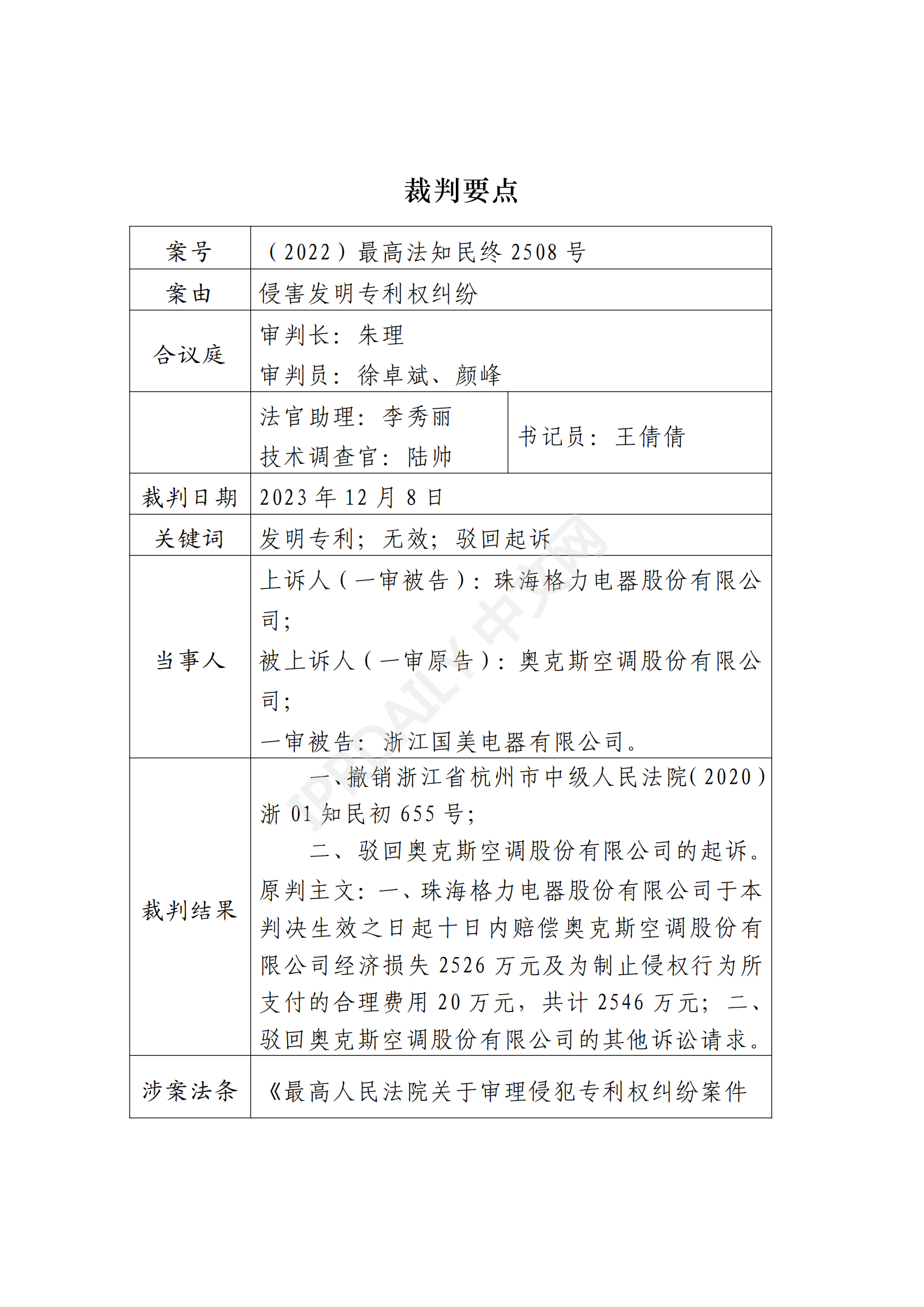 最高院最新判決：四案改判、格力翻盤、2.2億專利賠償蒸發(fā)