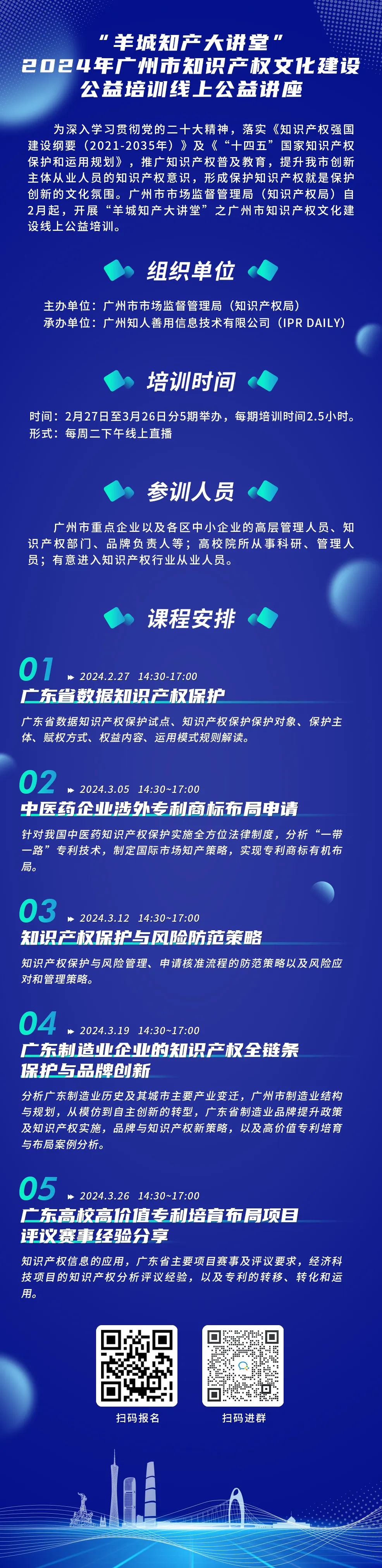 開課預(yù)告！“羊城知產(chǎn)大講堂”2024年廣州市知識(shí)產(chǎn)權(quán)文化建設(shè)公益培訓(xùn)——線上公益講座等您參加！