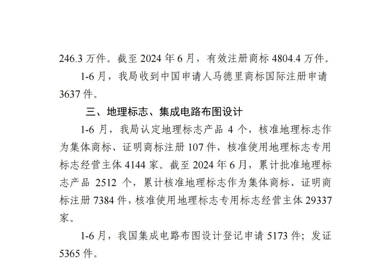 2024年1-6月專利、商標、地理標志等知識產權主要統(tǒng)計數據 | 附數據詳情