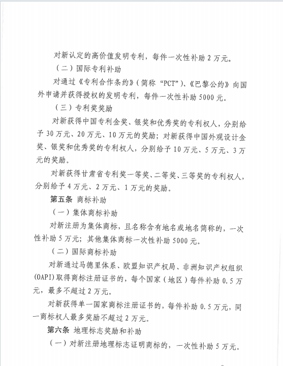 中國專利金獎獎勵30萬元！《隴南市知識產(chǎn)權(quán)保護獎勵補助辦法》來啦