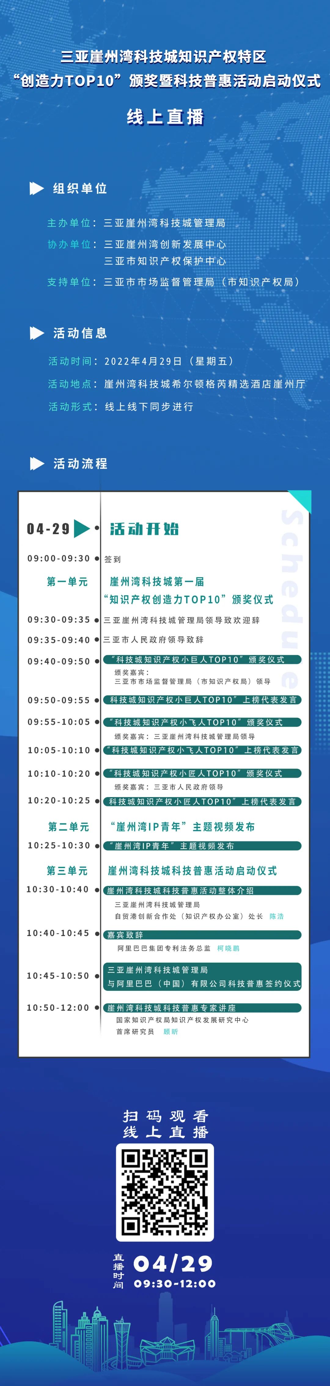 今日9:30直播！三亞崖州灣科技城知識(shí)產(chǎn)權(quán)特區(qū)“創(chuàng)造力TOP10”頒獎(jiǎng)暨科技普惠活動(dòng)啟動(dòng)儀式來了